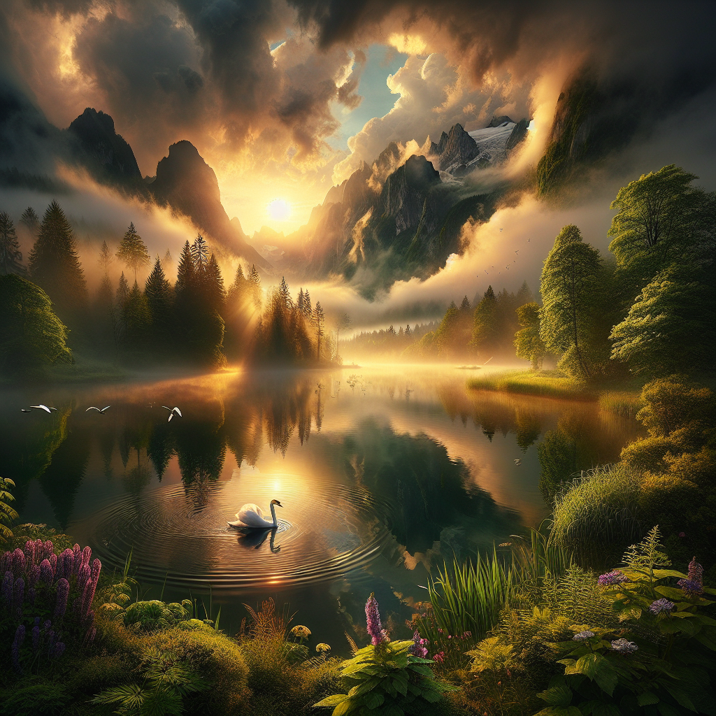 Mystical Dawn over the Serene Lake